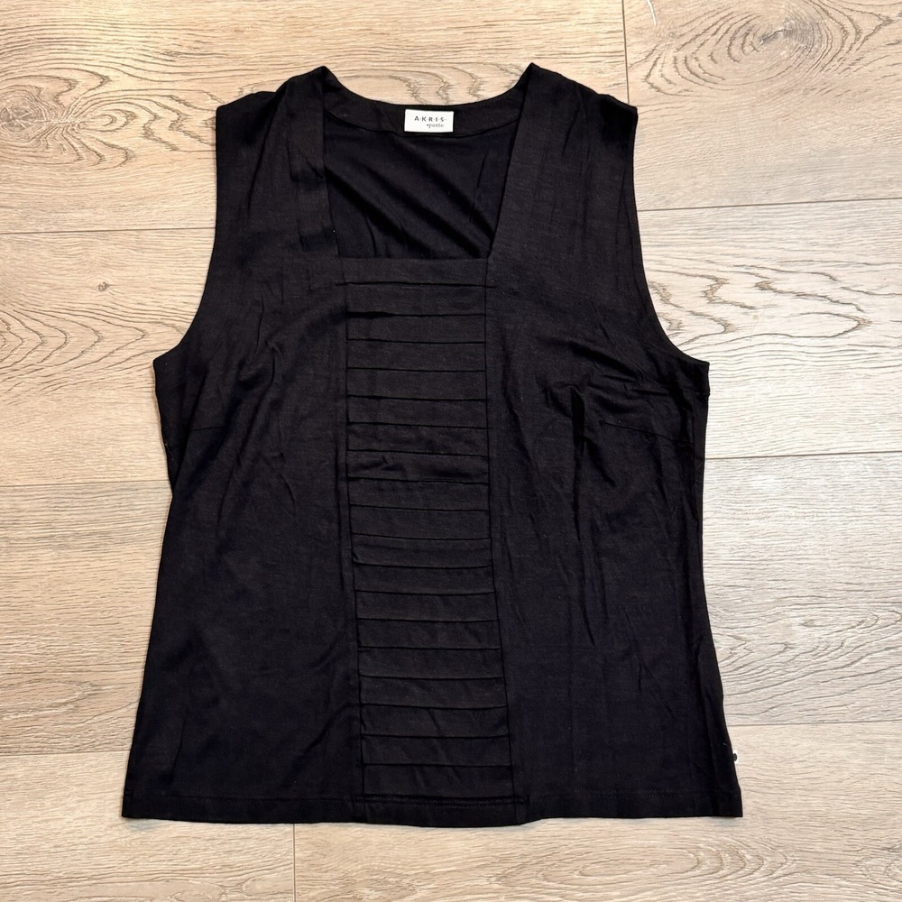 Akris Punto $300 Square Neck Pleated Sleeveless Tank Top US 14 or Large Black